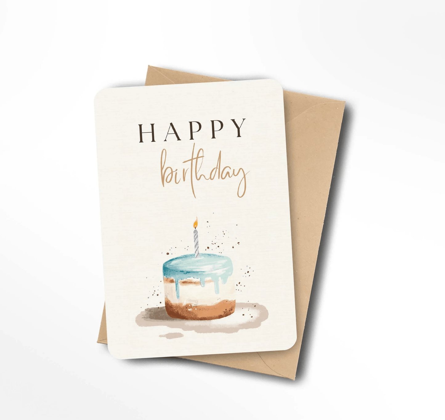 Ansichtkaart met de tekst Happy Birthday en een aquarelillustratie van een verjaardagstaart met brandend kaarsje.
