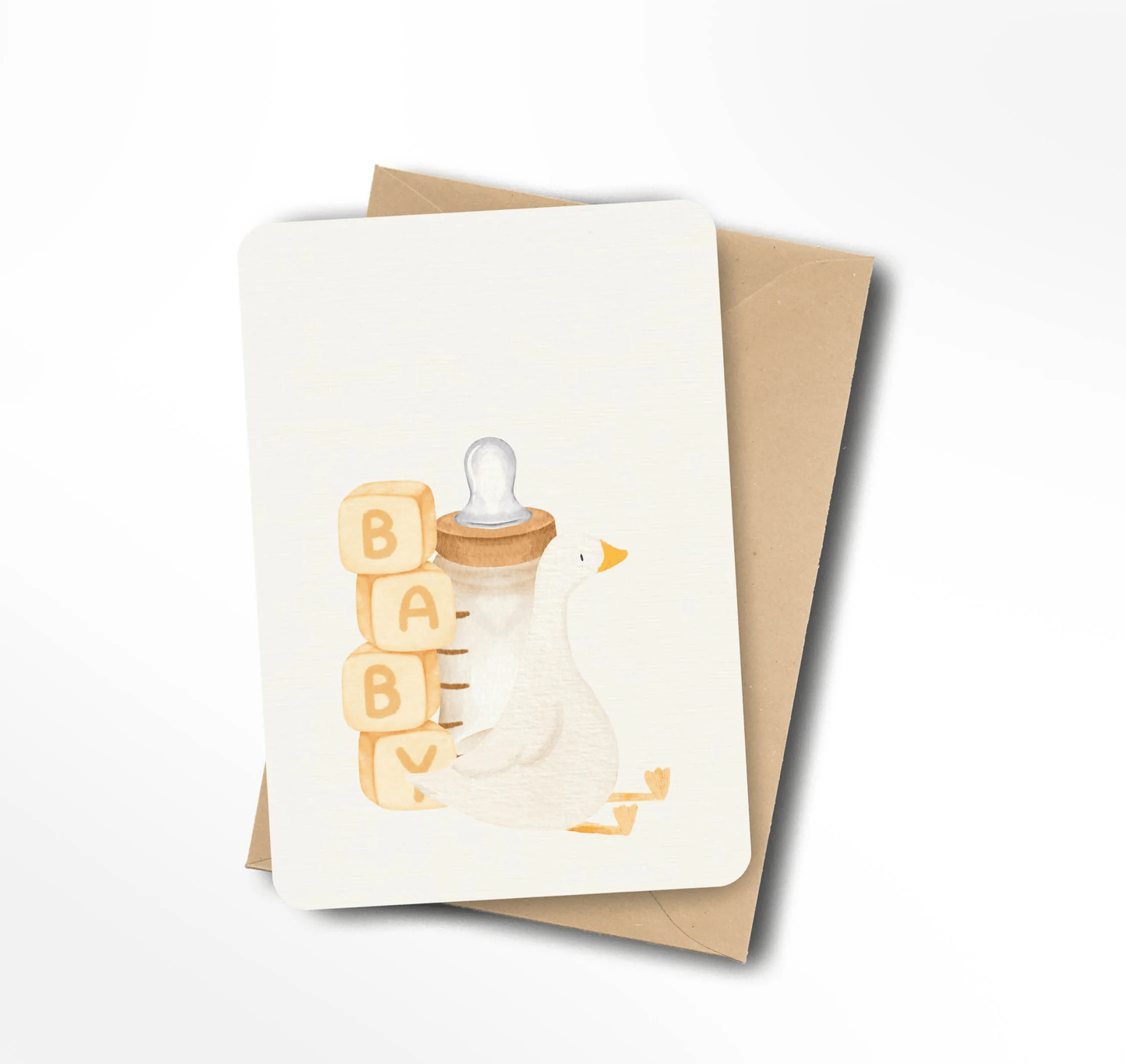 Ansichtkaart voor een geboorte met aquarelillustratie van een gansje, babyfles en blokken met het woord baby.