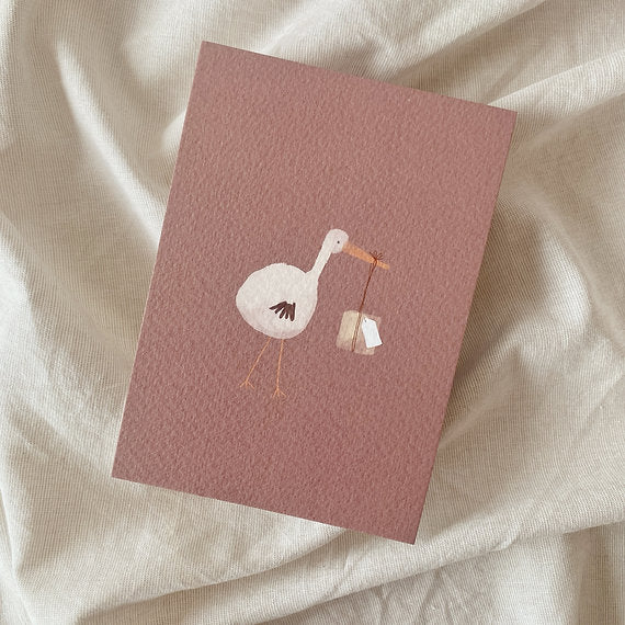 Ansichtkaart voor een geboorte met illustratie van een ooievaar met baby van Lievigheidje.