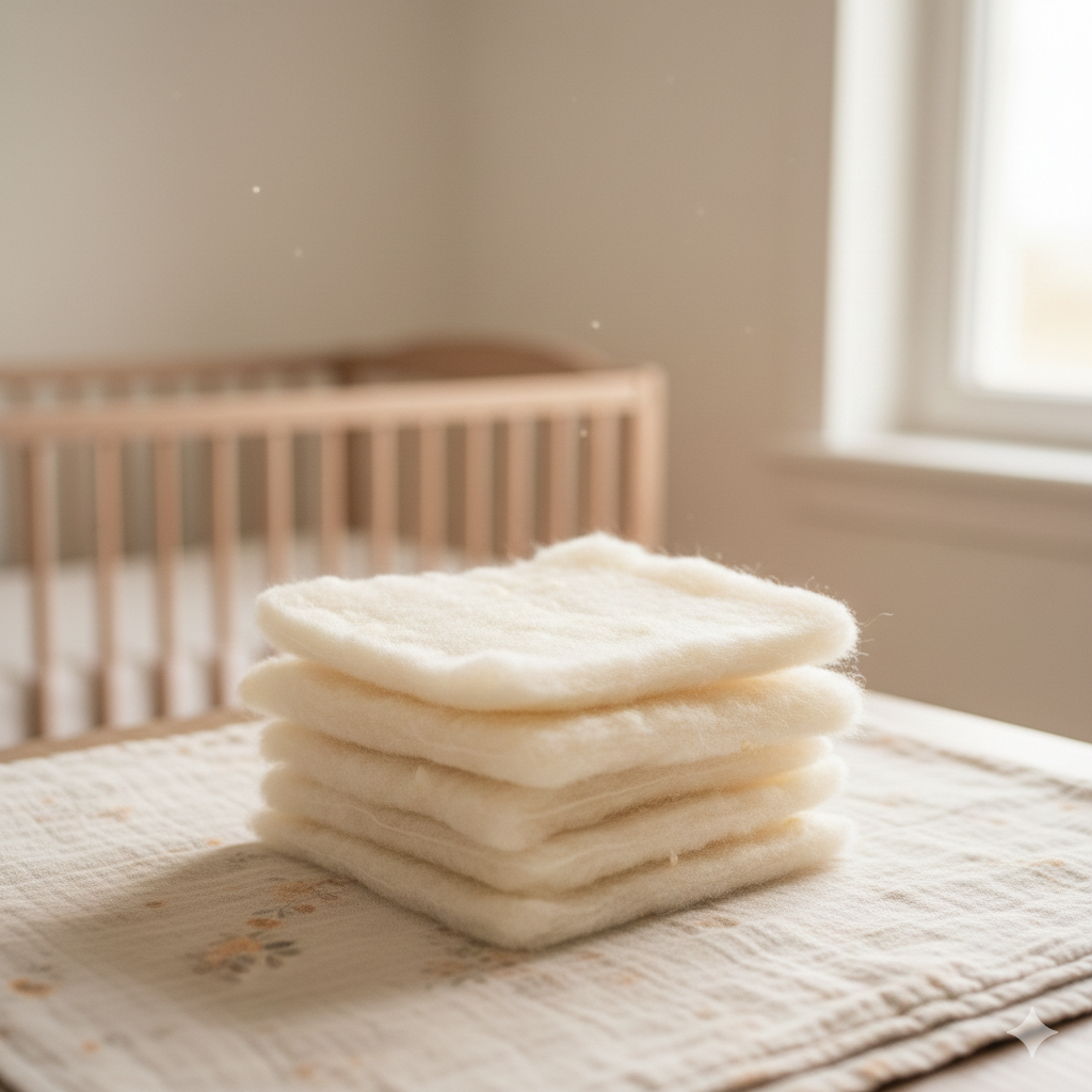 Stapel van natuurlijke, gekaarde biologische heilwol uit Oostenrijk voor babyverzorging – Barefoot Baby