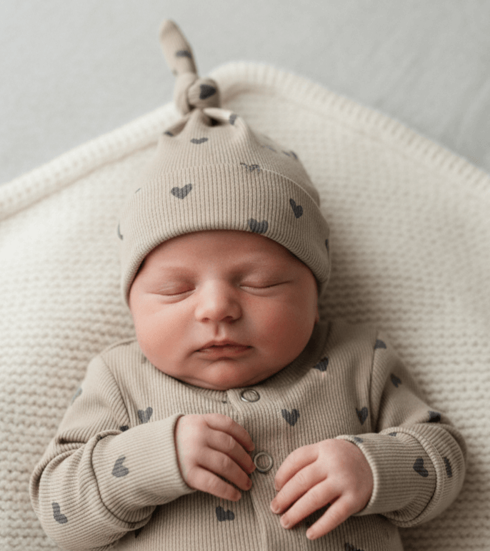 Baby met boxpakje hartjes donker beige