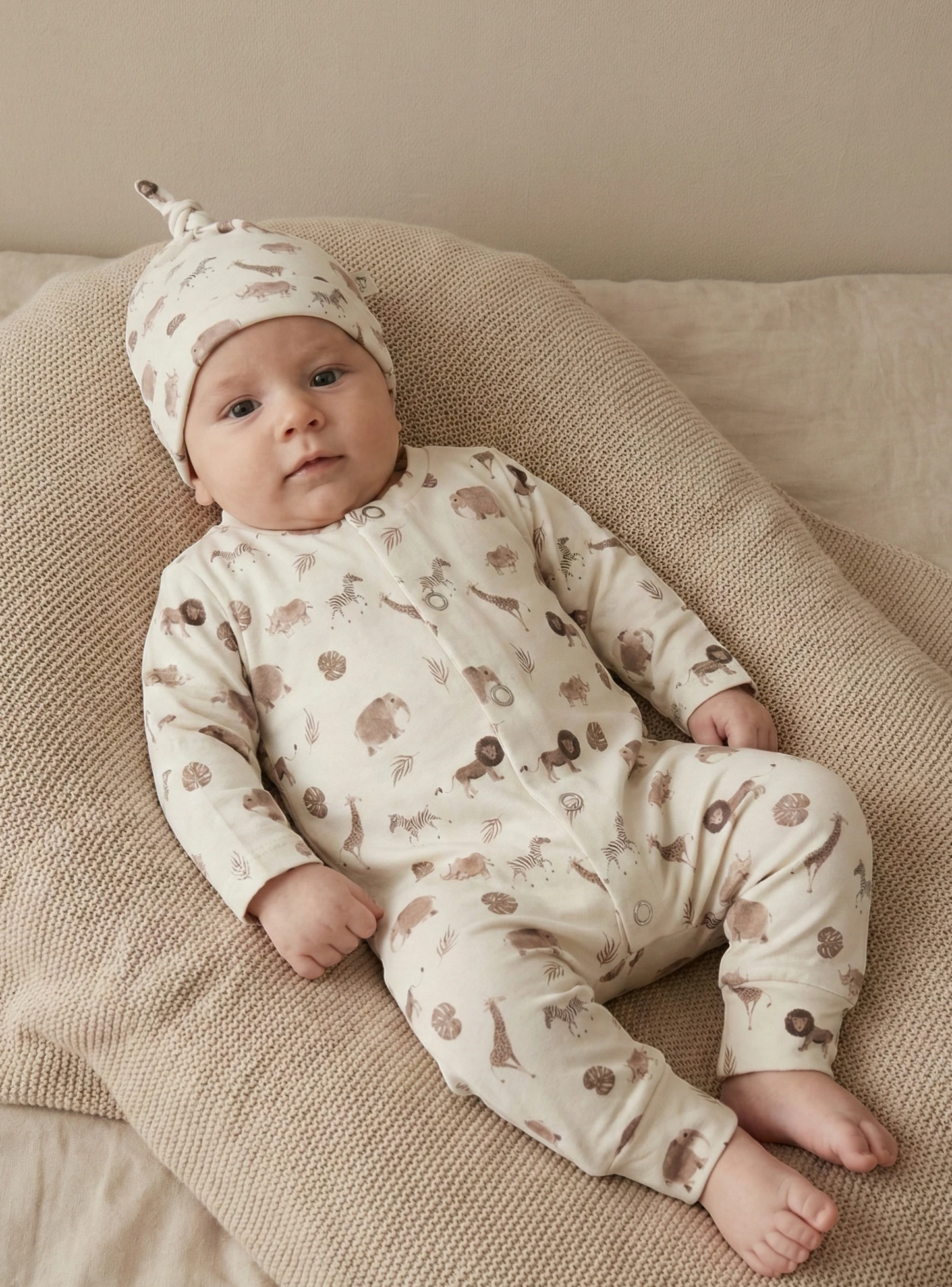 Handgemaakt baby boxpakje van natuurlijke stof safari dieren, zacht en comfortabel voor pasgeborenen