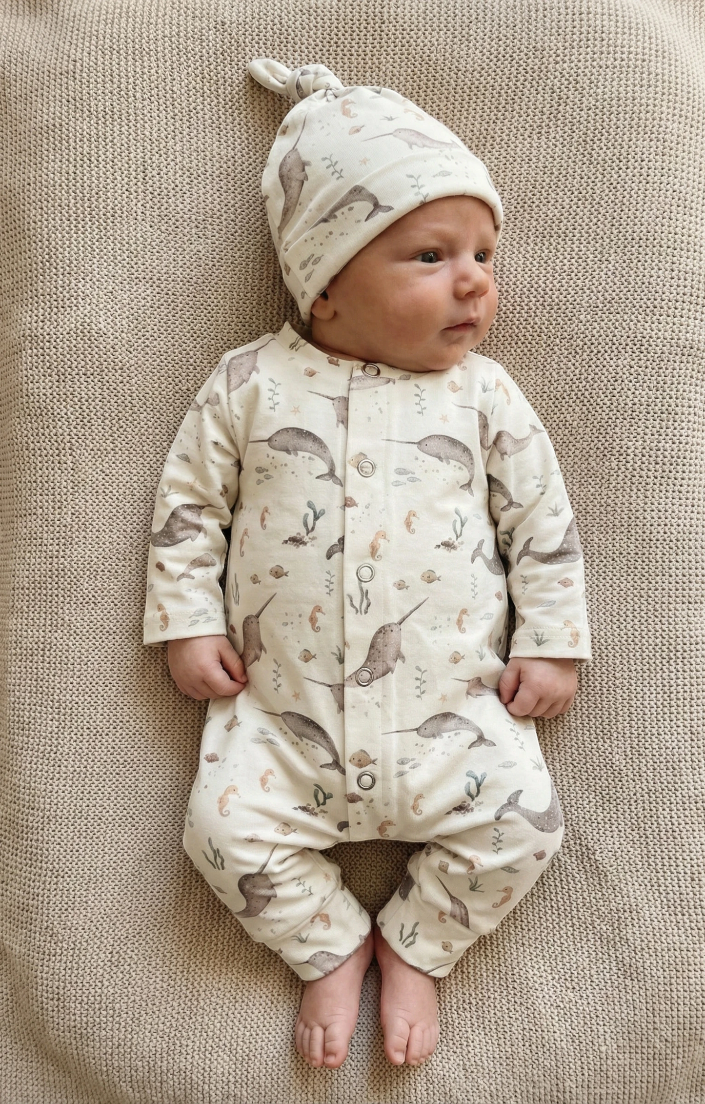 Handgemaakt baby boxpakje van natuurlijke stof zeedieren, zacht en comfortabel voor pasgeborenen