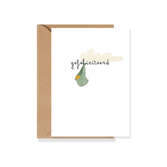Ansichtkaart StudioPie gefeliciteerd geboorte baby in groene buidel