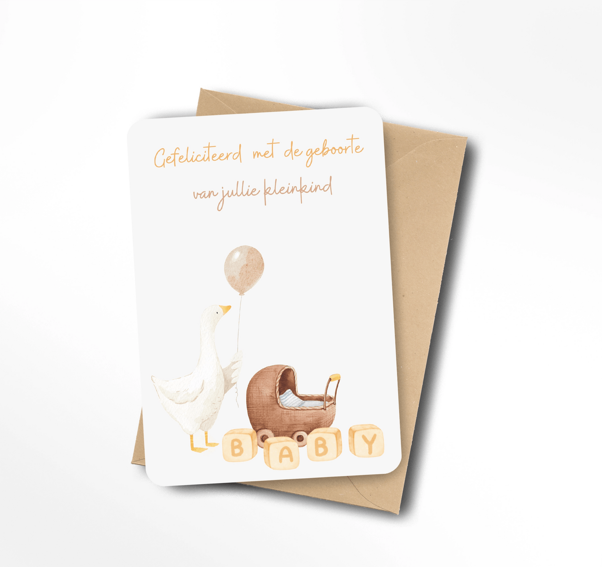 Ansichtkaart met de tekst Gefeliciteerd met de geboorte van jullie kleinkind, met gansje, kinderwagen, ballon en babyblokken.