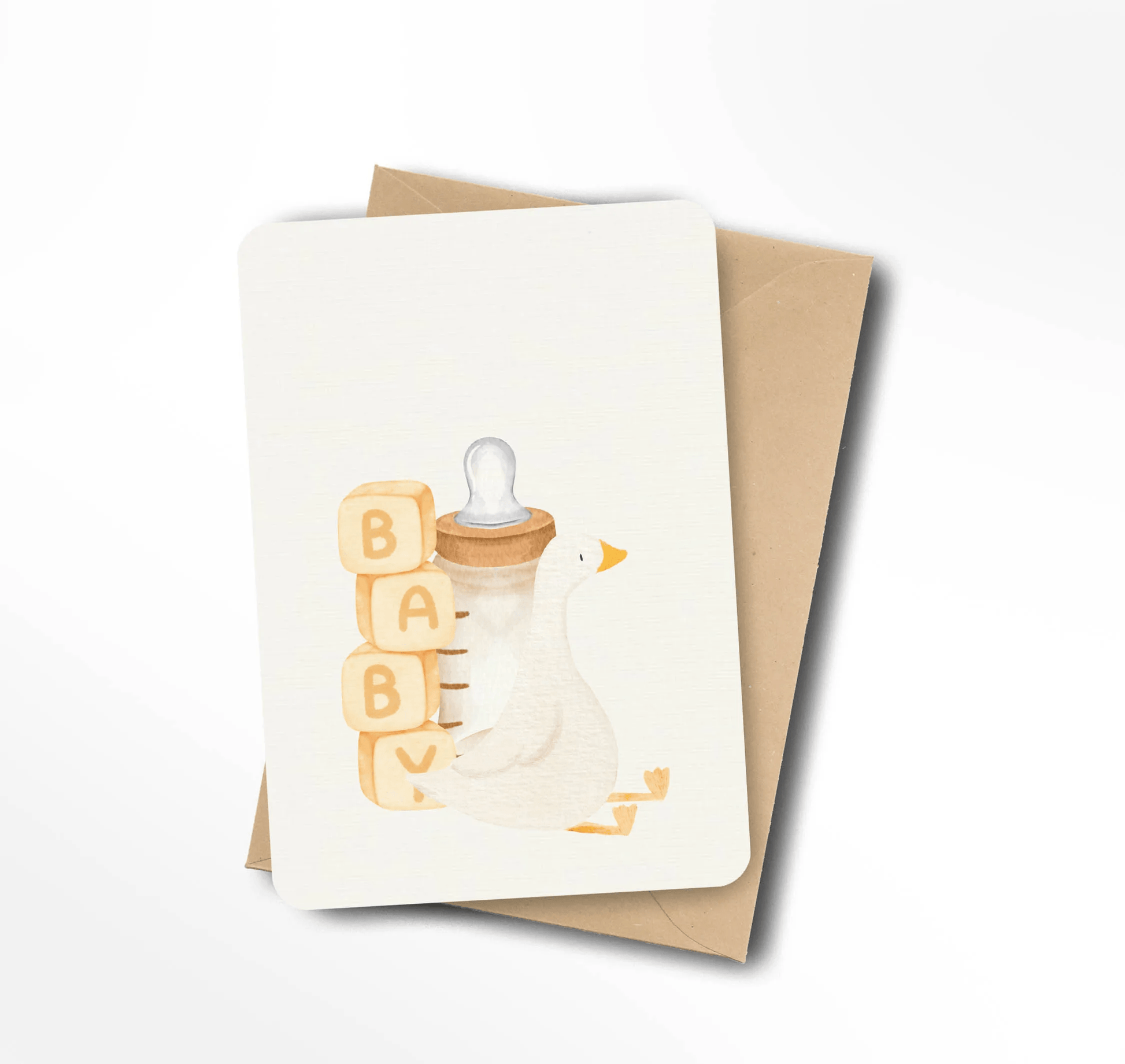 Ansichtkaart voor een geboorte met aquarelillustratie van een gansje, babyfles en blokken met het woord baby.