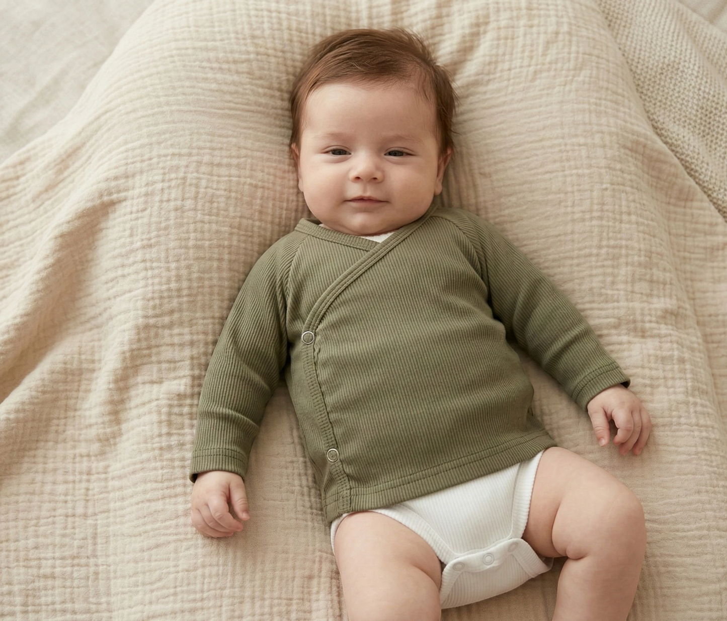 Baby overslagshirt Olijfgroen van rib tricot – comfortabel voor newborns