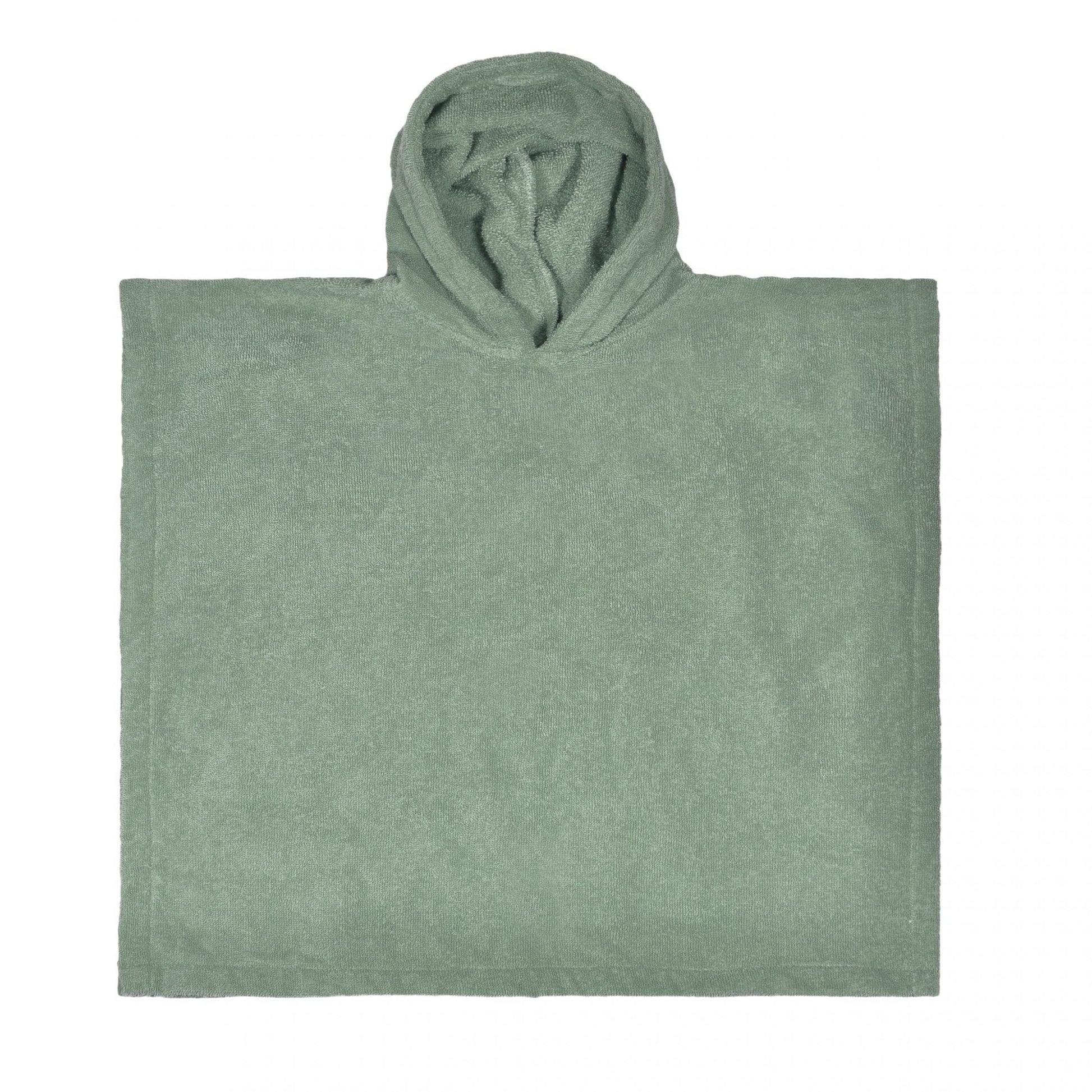 Zachte baby poncho van 100% katoen in de kleur stone green met capuchon van absorberende badstof