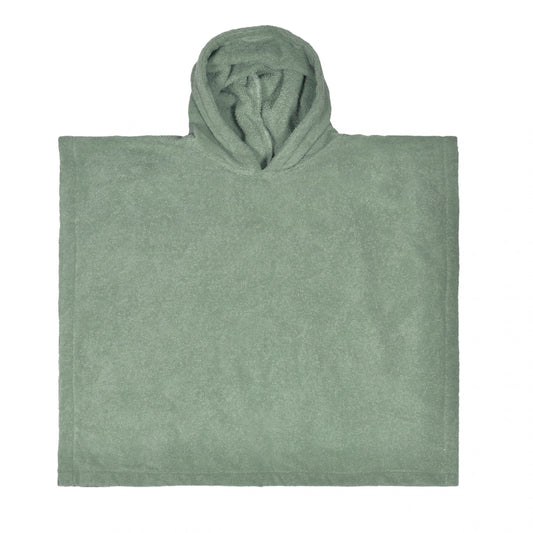Zachte baby poncho van 100% katoen in de kleur stone green met capuchon van absorberende badstof