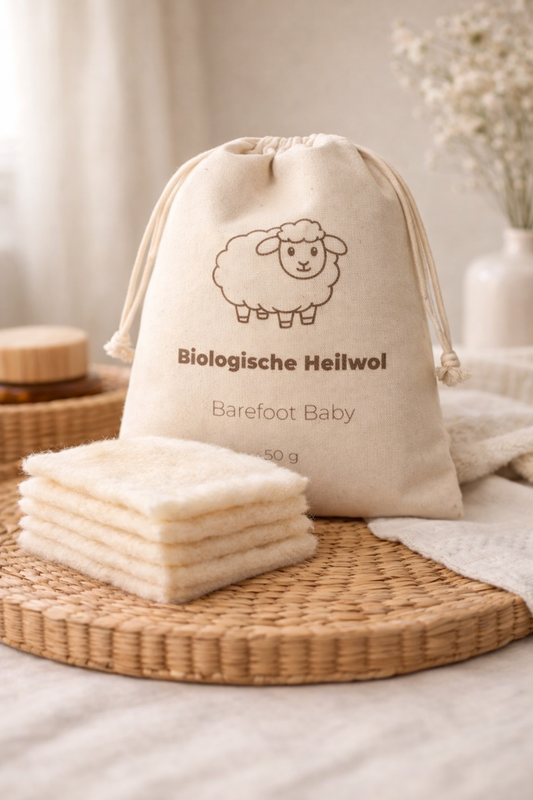 Katoenen zakje met biologische heilwol voor zachte, natuurlijke ondersteuning van de babyhuid