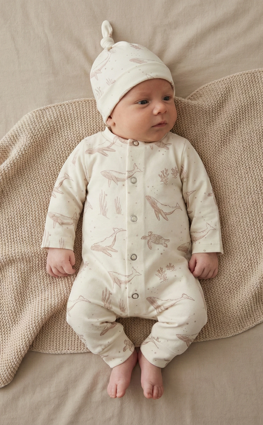 Handgemaakt baby boxpakje van natuurlijke stof Whales, zacht en comfortabel voor pasgeborenen