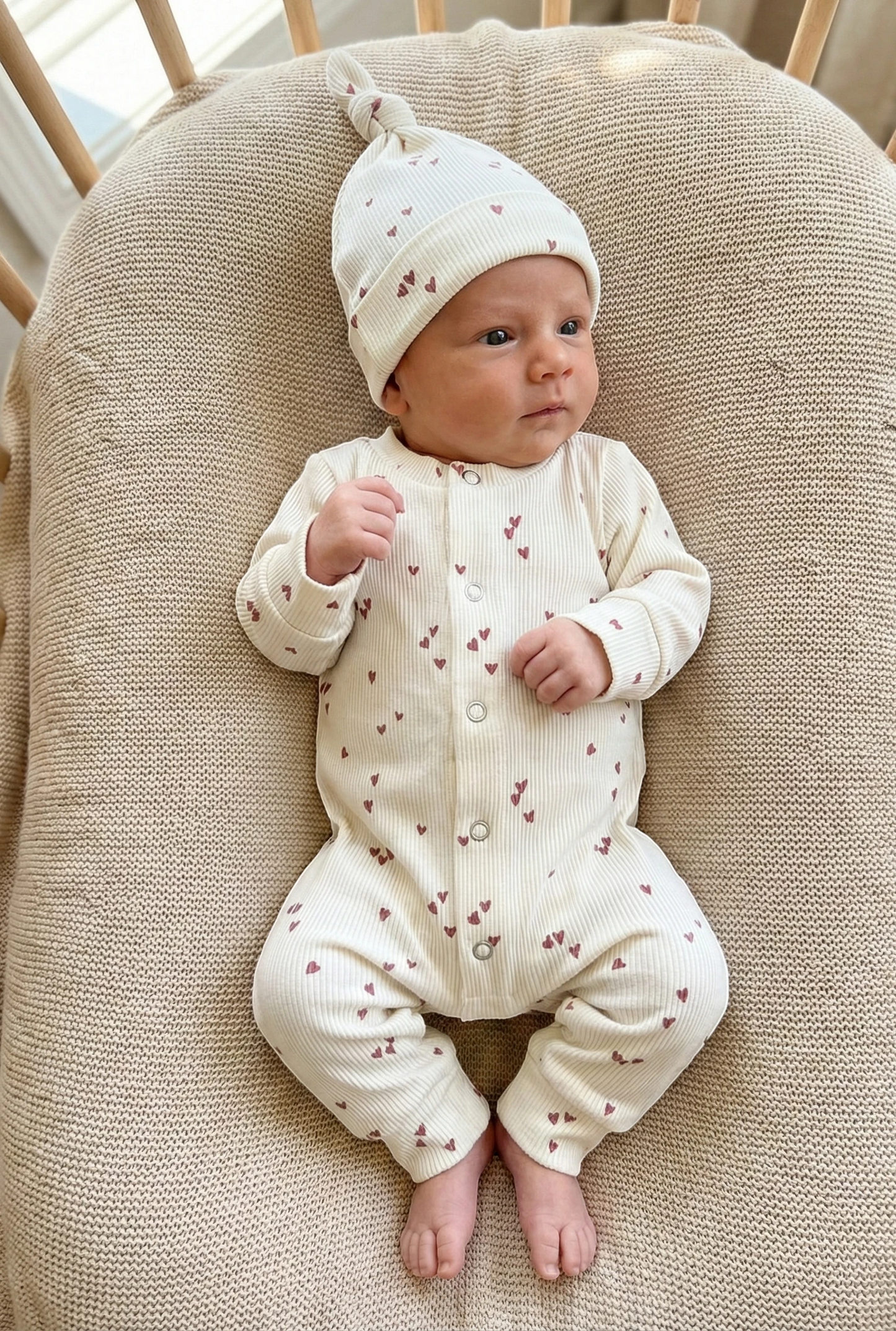 Handgemaakt baby boxpakje van natuurlijke stof  hartjes kleiroze zacht en comfortabel voor pasgeborenen