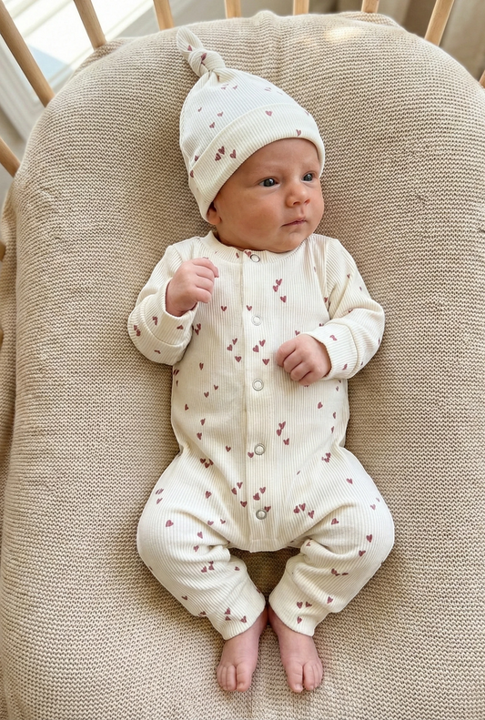 Handgemaakt baby boxpakje van natuurlijke stof  hartjes kleiroze zacht en comfortabel voor pasgeborenen