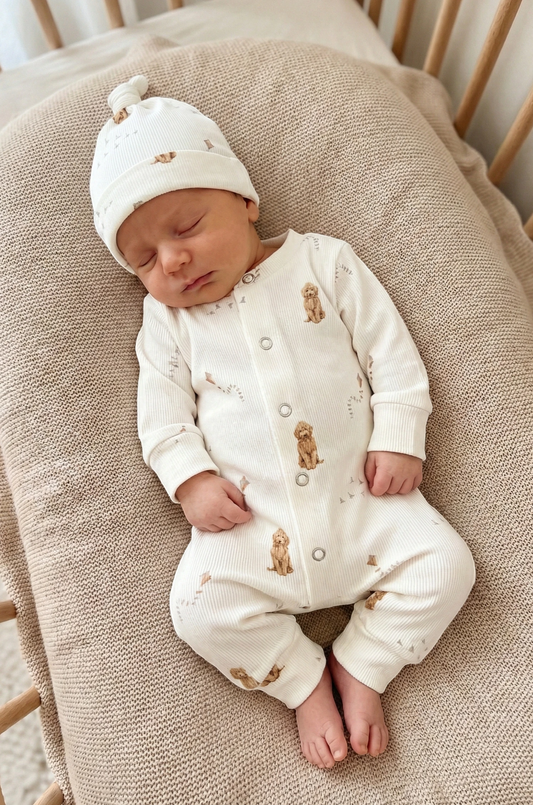 Handgemaakt baby boxpakje van natuurlijke stof Labradoodle, zacht en comfortabel voor pasgeborenen