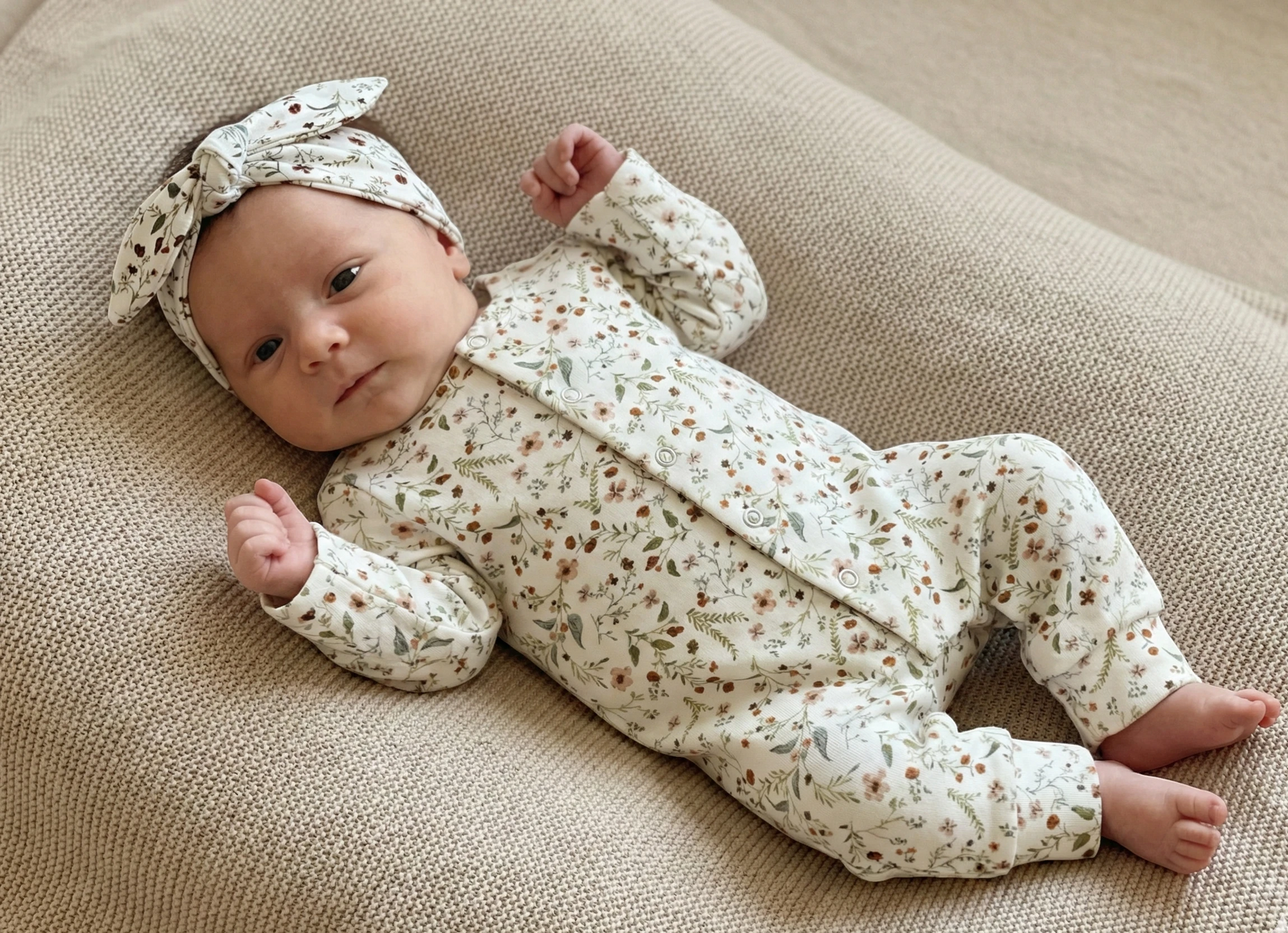 Detail van handgemaakt newborn boxpakje in Millefleur, zachte babykleding uit eigen atelier