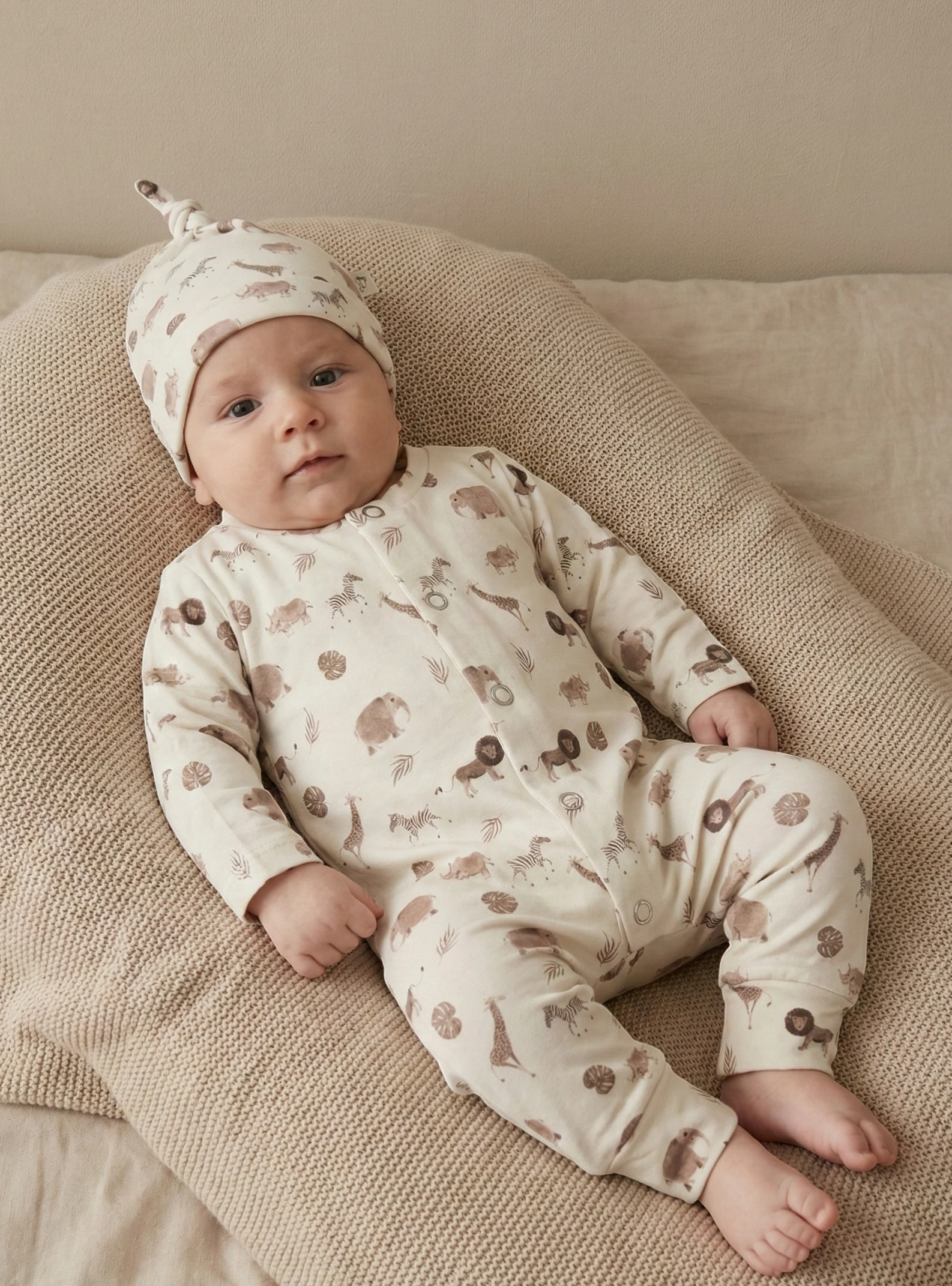 Handgemaakt baby boxpakje van natuurlijke stof safari dieren, zacht en comfortabel voor pasgeborenen