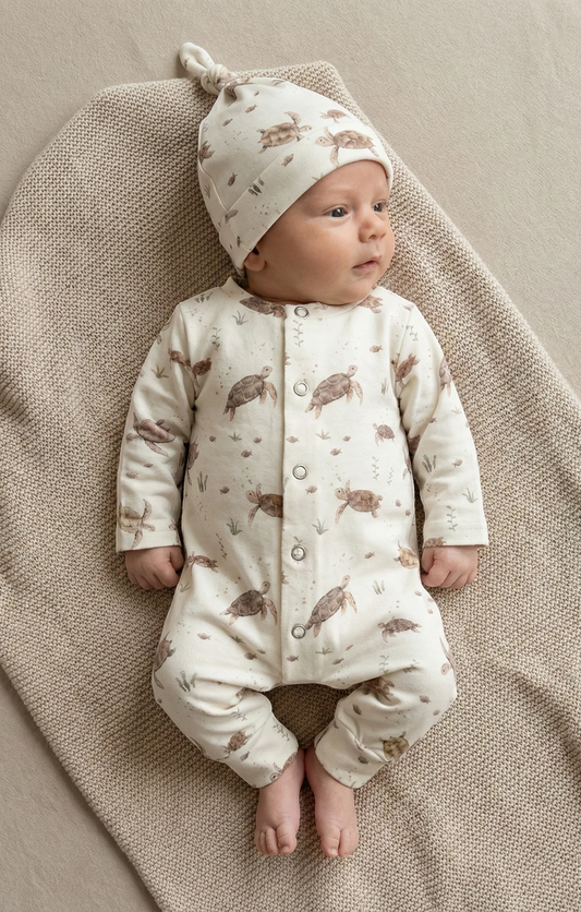 Handgemaakt baby boxpakje van natuurlijke stof schildpadden zacht en comfortabel voor pasgeborenen