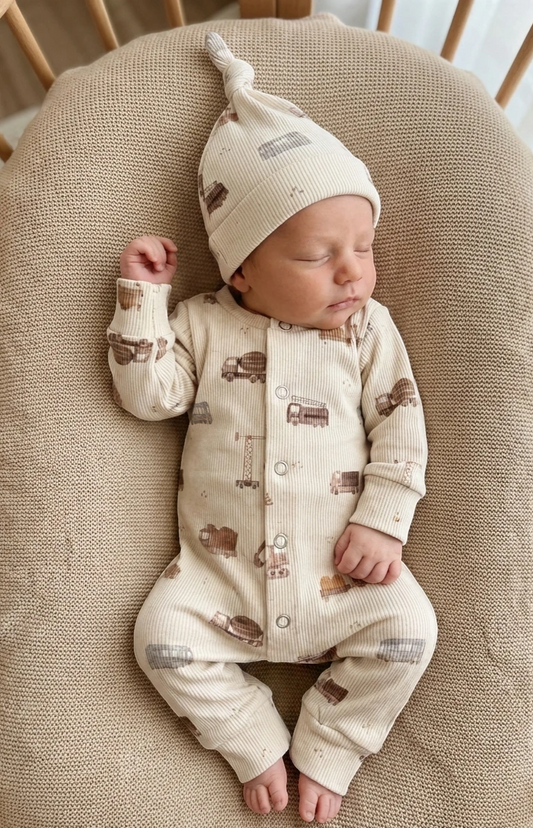 Handgemaakt baby boxpakje van natuurlijke stof voertuigen, zacht en comfortabel voor pasgeborenen