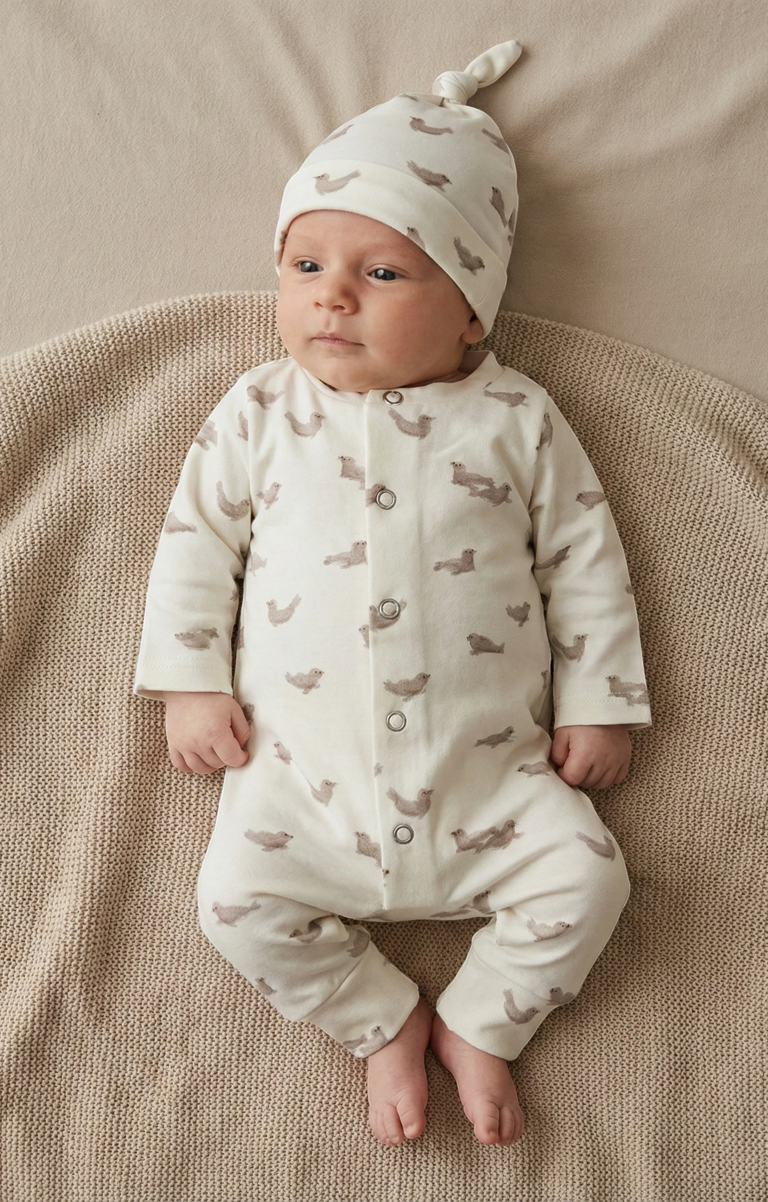 Handgemaakt baby boxpakje van natuurlijke stof zeehondjes zacht en comfortabel voor pasgeborenen