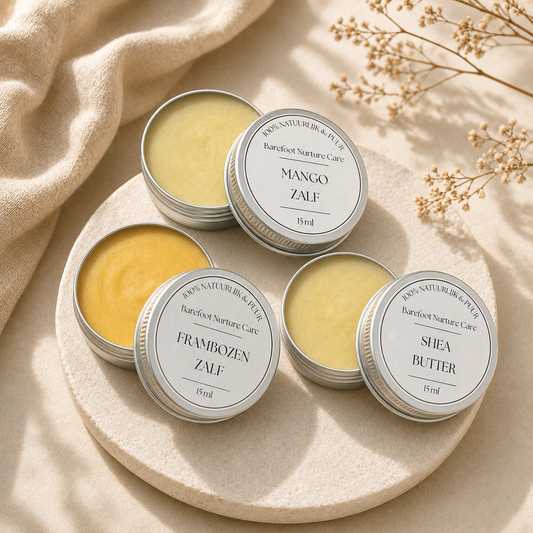 Proefpakket natuurlijke babyverzorging met drie mini blikjes frambozenzalf, mangozalf en shea butter