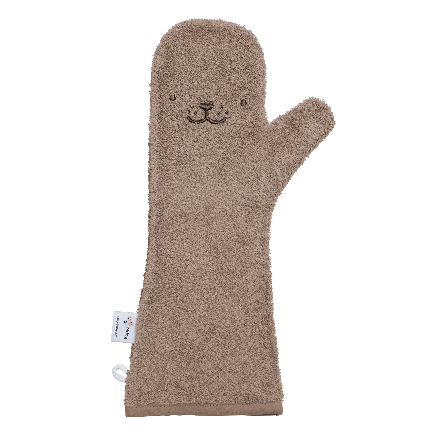 Baby Shower Glove Mocha van zachte badstof voor veilig douchen met baby