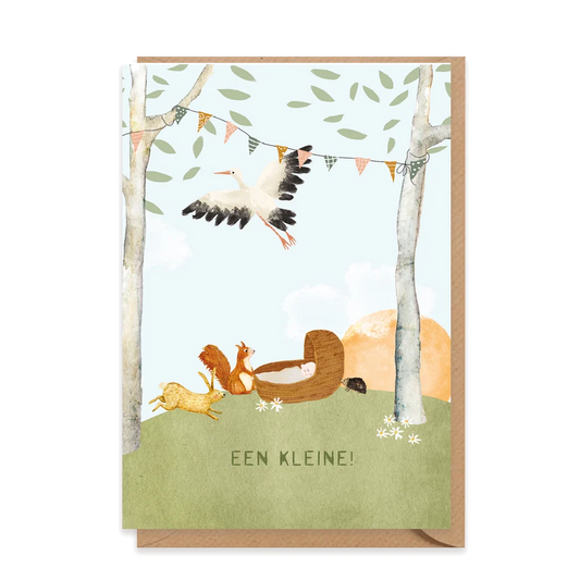 Dubbele wenskaart voor geboorte met baby in een wiegje, dieren en de tekst Een kleine.