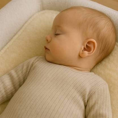 Close-up van de natuurlijke afwerking van een merino wollen onderlegger voor baby’s