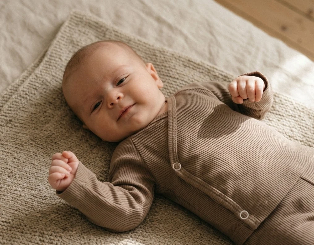 Handgemaakt baby overslagshirt Donker beige van rib tricot – zacht en comfortabel