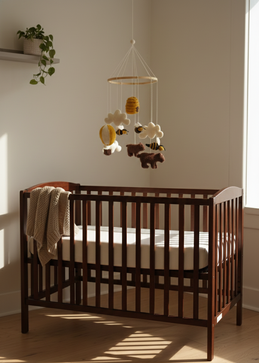 Vilten mobiel met beer en bij, fair trade geproduceerd – zachte decoratie voor baby’s kamer
