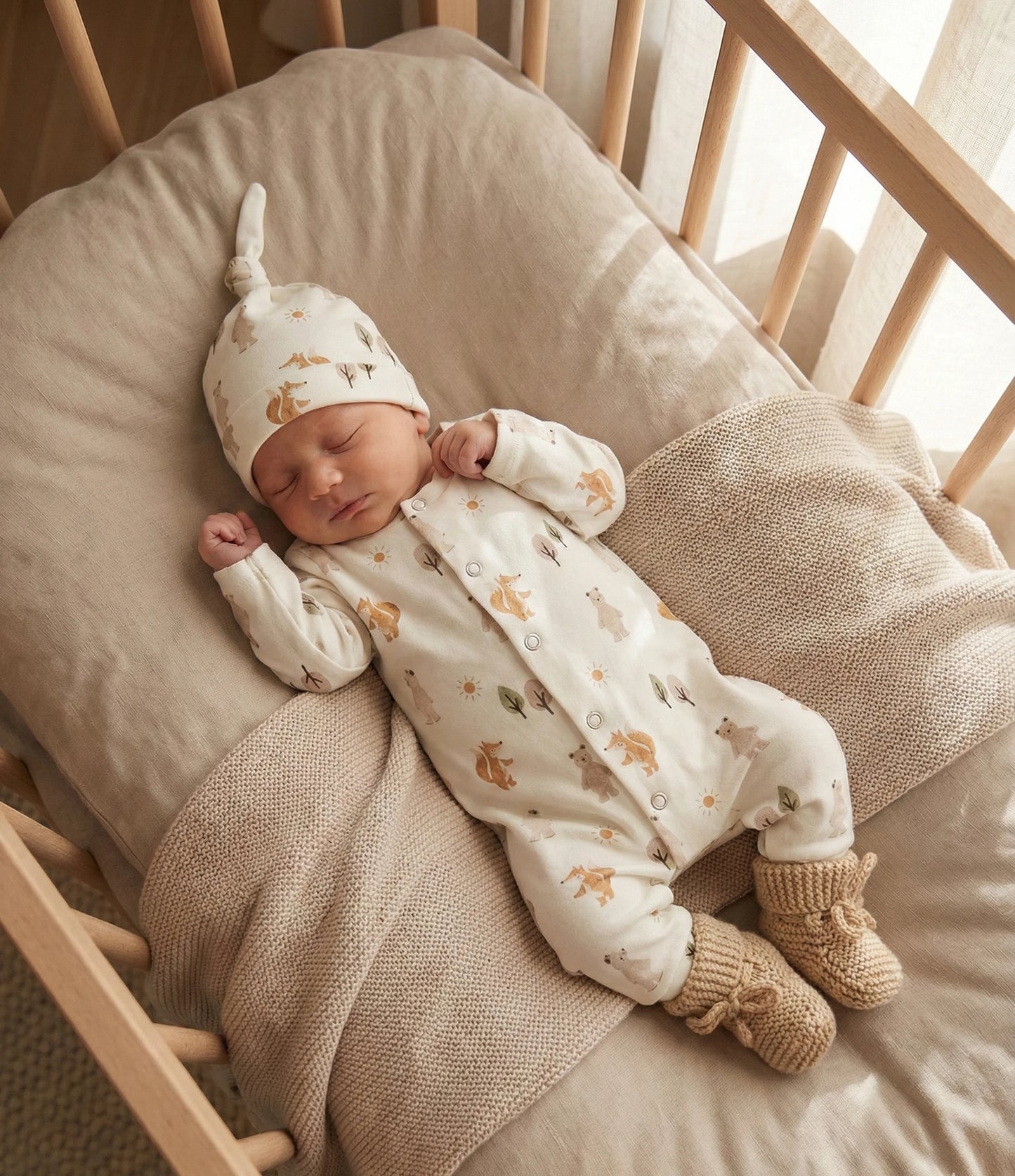 Handgemaakt baby boxpakje van natuurlijke stof  Bosdieren zacht en comfortabel voor pasgeborenen