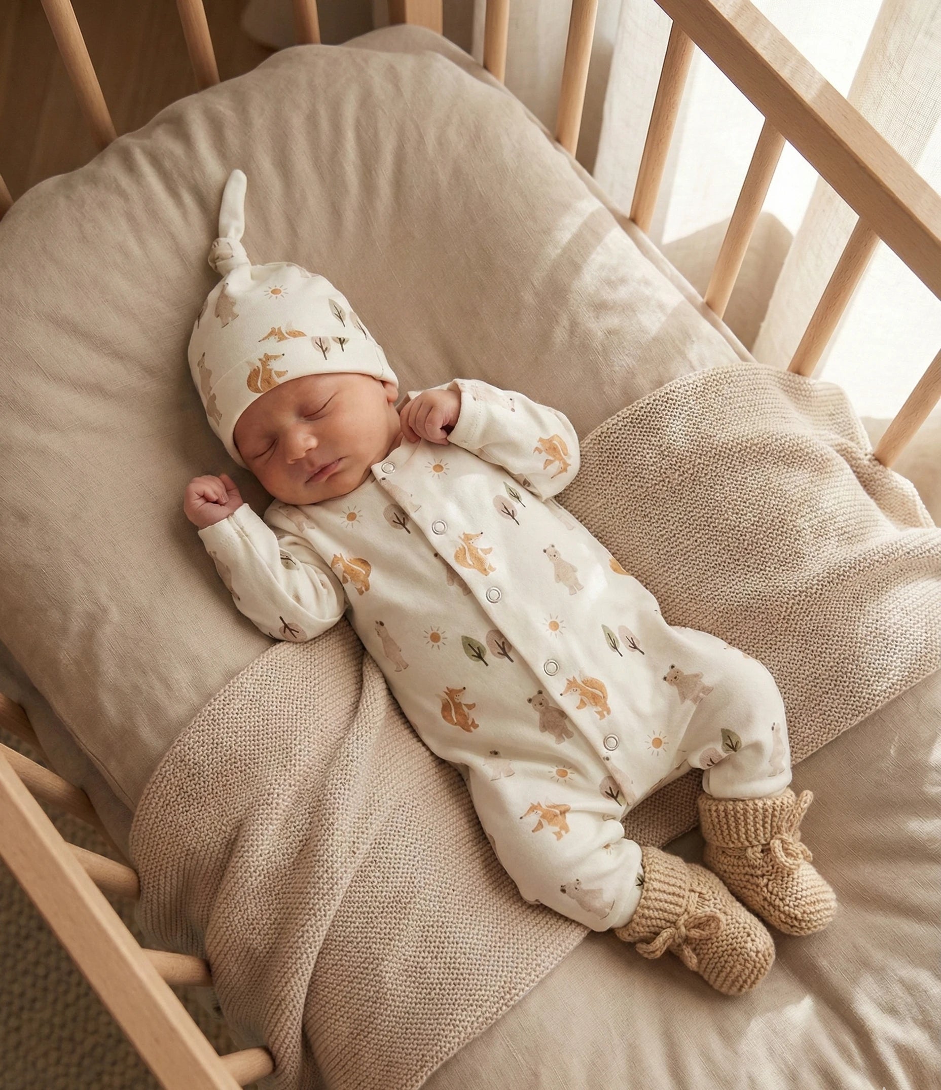 Handgemaakt baby boxpakje van natuurlijke stof  Bosdieren zacht en comfortabel voor pasgeborenen