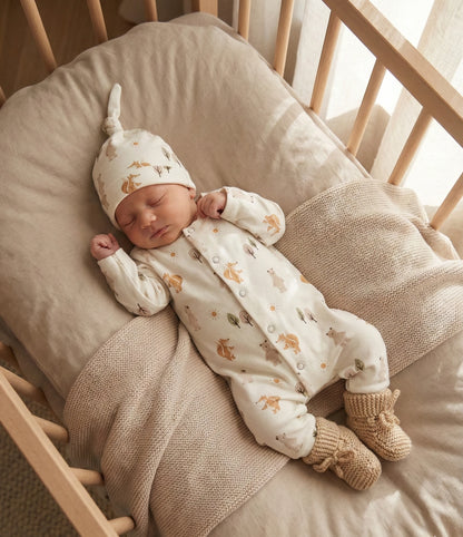 Handgemaakt baby boxpakje van natuurlijke stof  Bosdieren zacht en comfortabel voor pasgeborenen