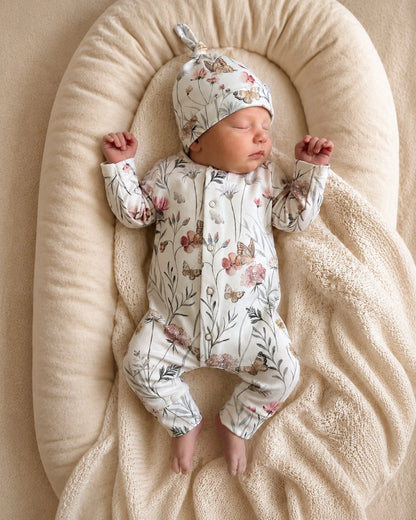 Baby draagt boxpakje Bloemen & Vlinders met bijpassend babymutsje van Barefoot Baby