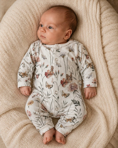 Baby in boxpakje en babymutsje met bloemen en vlinders print in een zachte neutrale setting