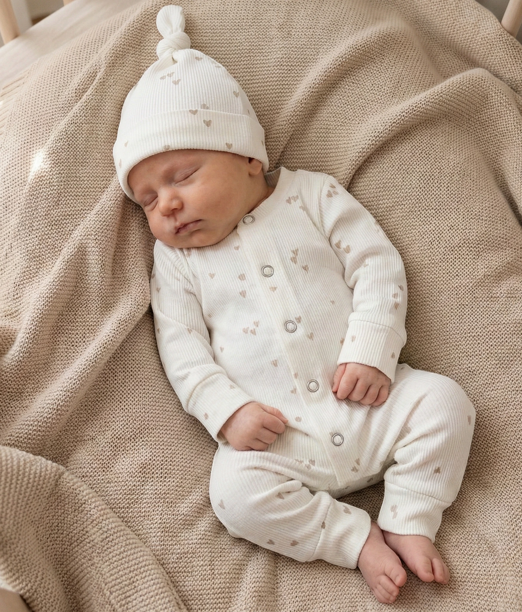 Handgemaakt baby boxpakje van natuurlijke stof  licht beige hartjes zacht en comfortabel voor pasgeborenen