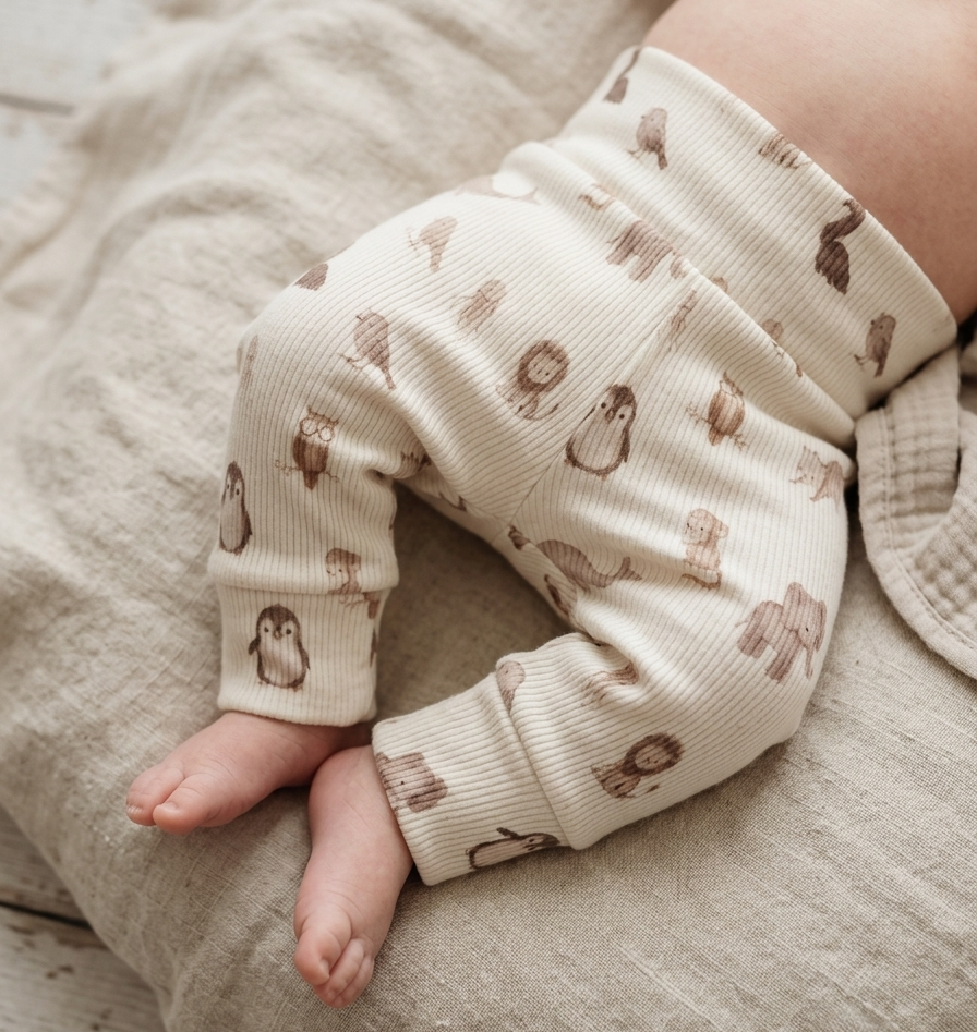 Barefoot baby baby broekje met baby dieren in zachte rib stof