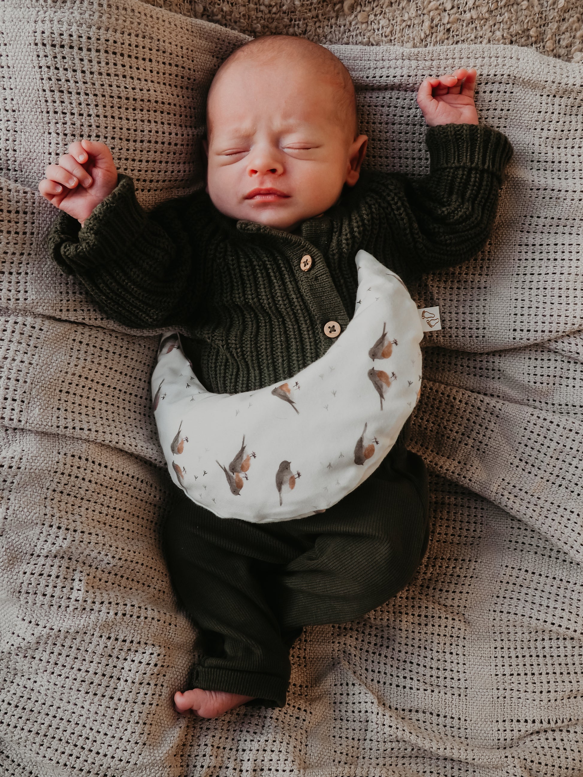 Detail van de robin roodborstjes print op het Comfy Luna warmtekussen voor baby’s