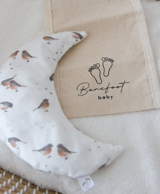 Comfy Luna warmtekussen voor baby’s met robin roodborstjes print in zachte tinten