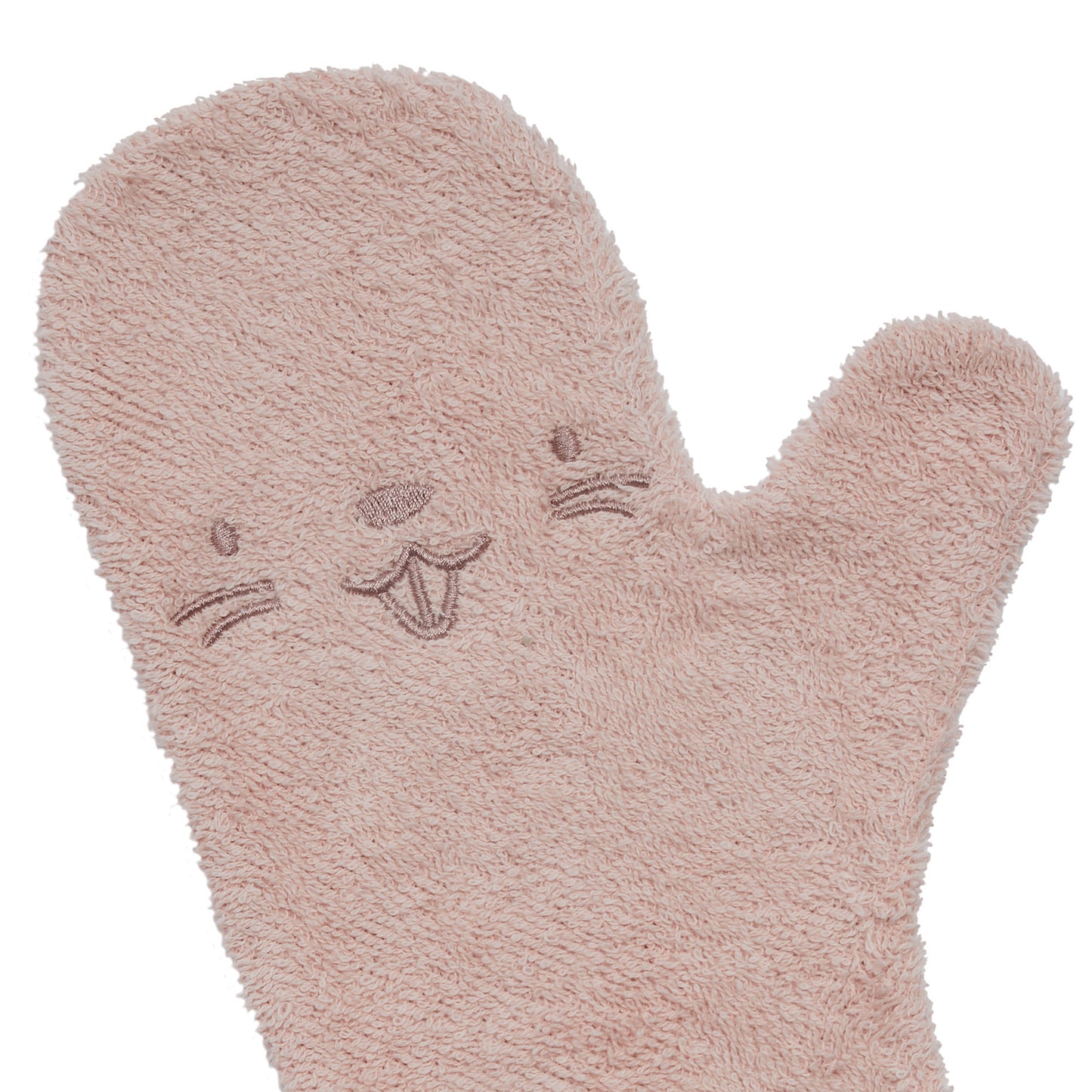 Roze katoenen baby shower glove met extra grip voor gladde baby's onder de douche