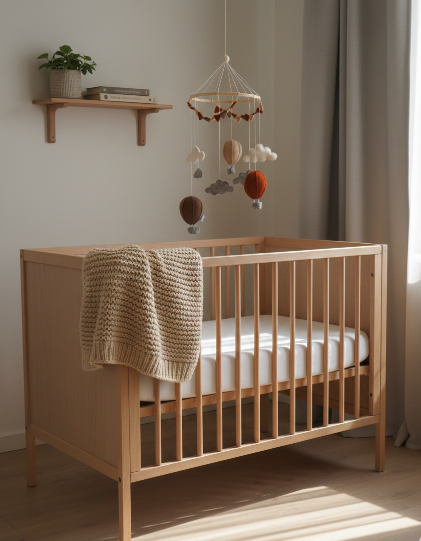 Luchtballon mobiel in beige/bruintinten, fair trade wolvilt decoratie voor de babykamer