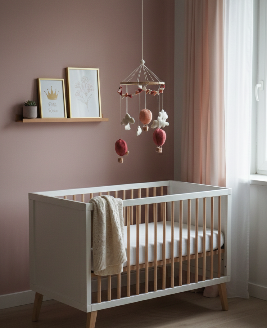 Koraal luchtballon mobiel voor de babykamer, fair trade vilten decoratie