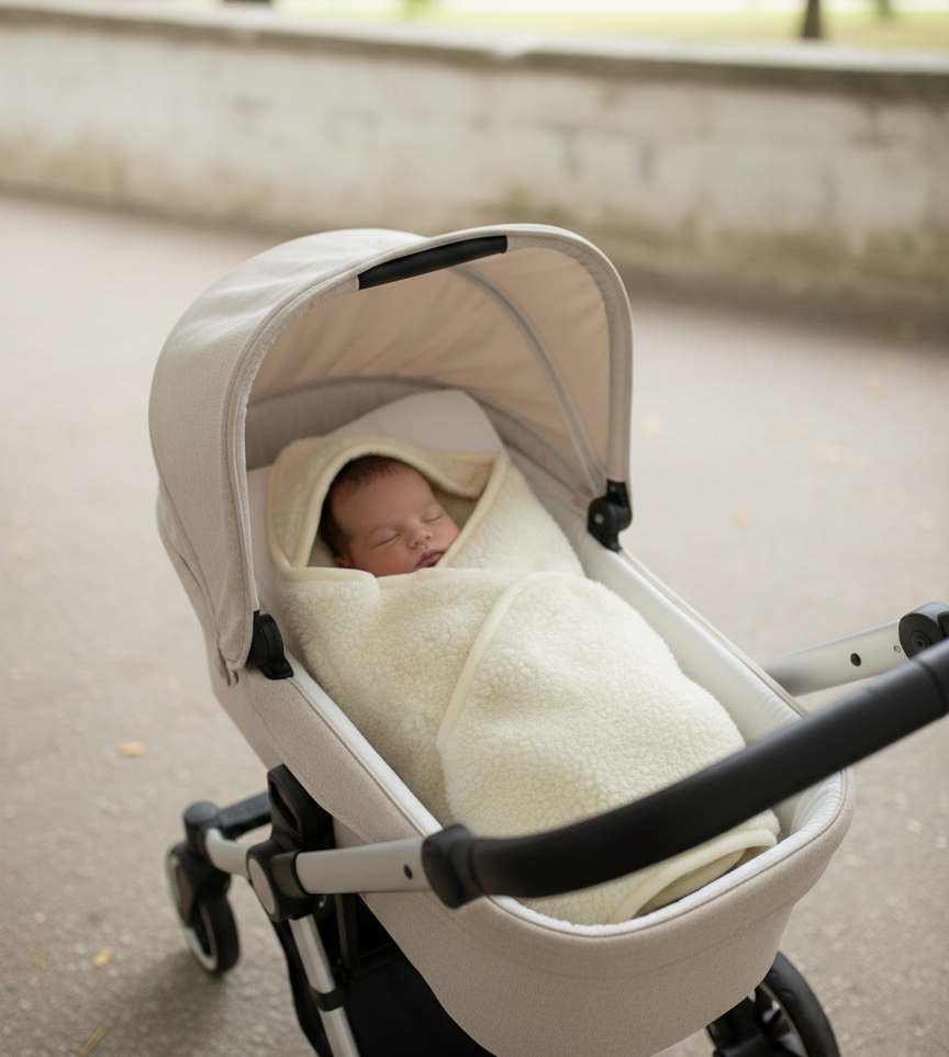 Detail van de zachte structuur van een merino wollen wikkeldoek voor baby’s