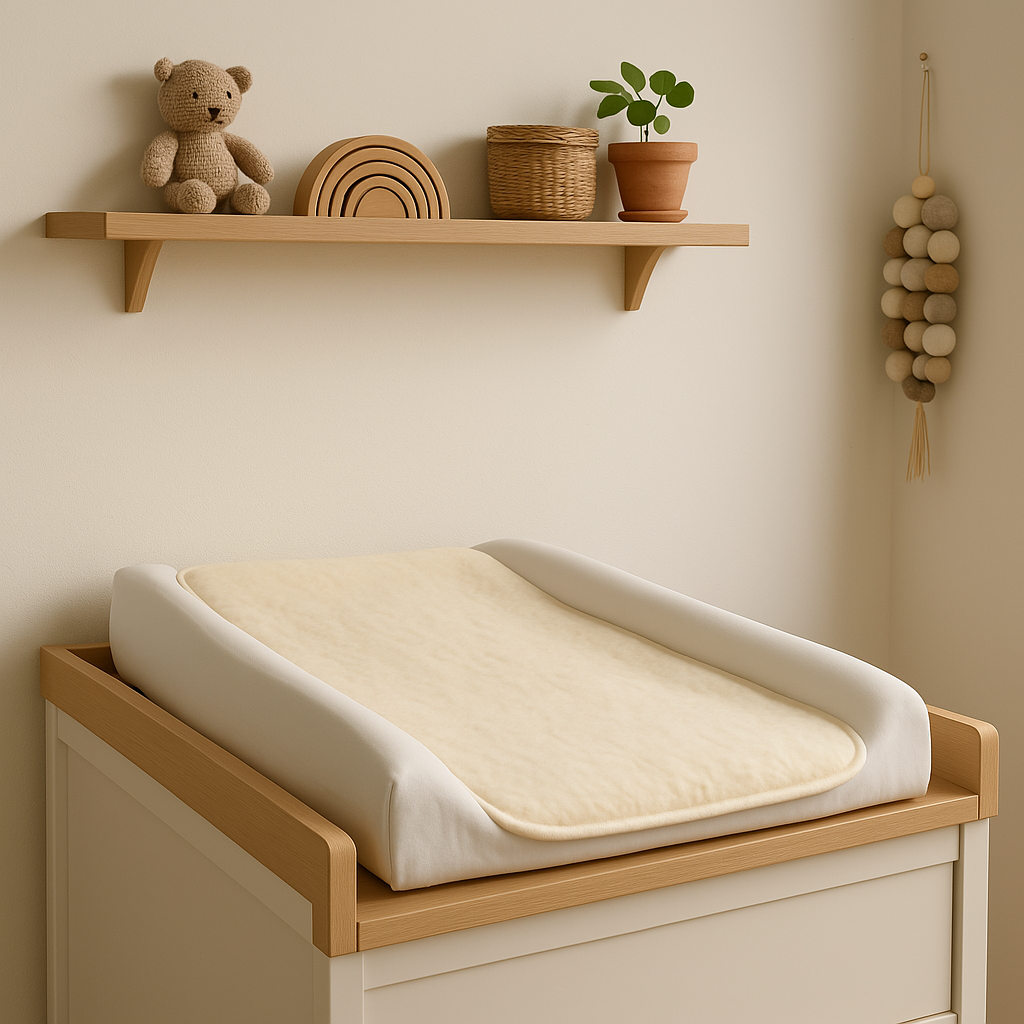 100% merino wollen onderlegger voor aankleedkussen, met een zachte crème kleur en een natuurlijke, ademende structuur. Ideaal voor de gevoelige huid van je baby, biedt comfort en bescherming tijdens het verschonen.