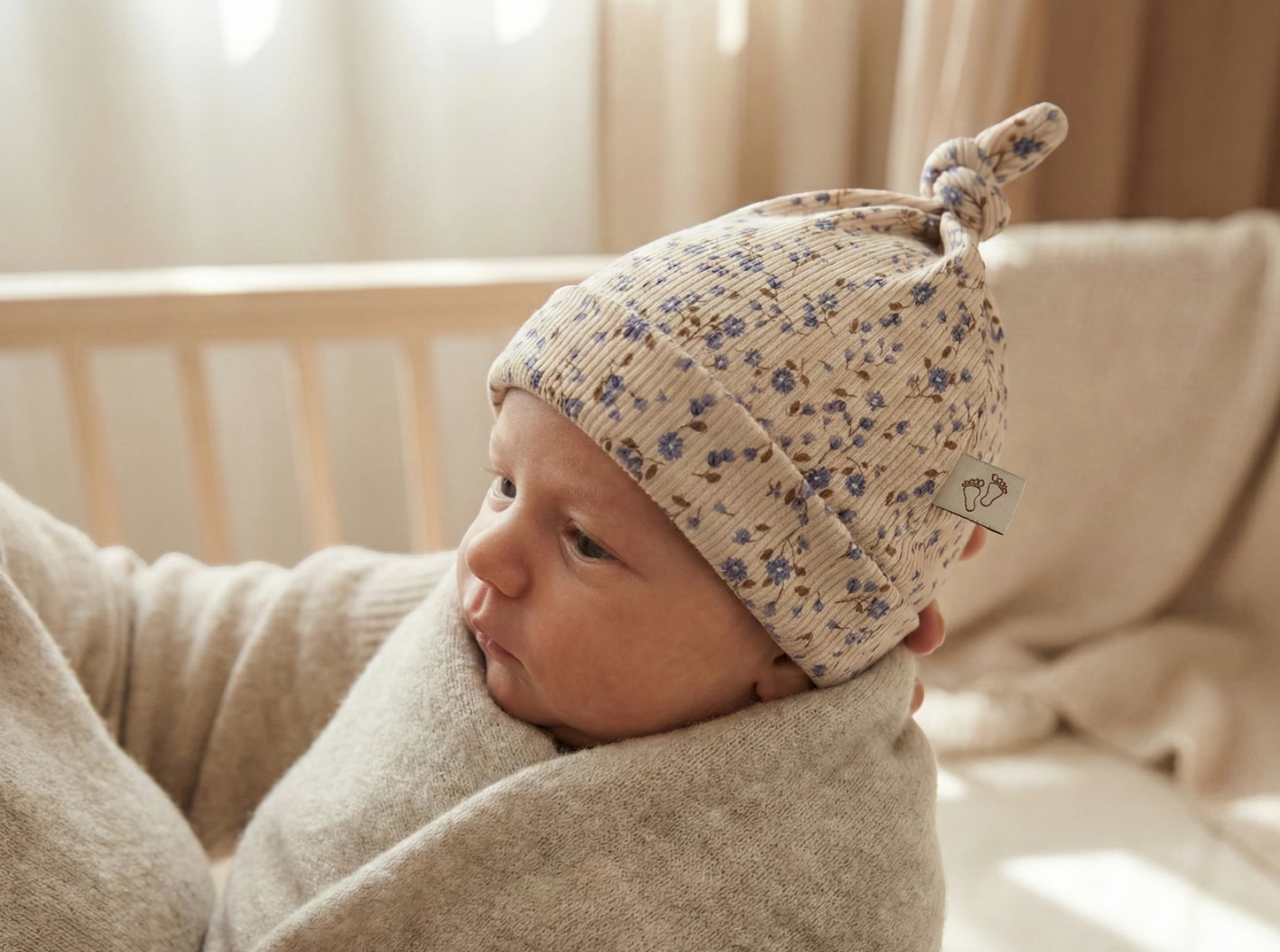 Mutsje baby blauwe minibloem handgemaakt Barefoot Baby