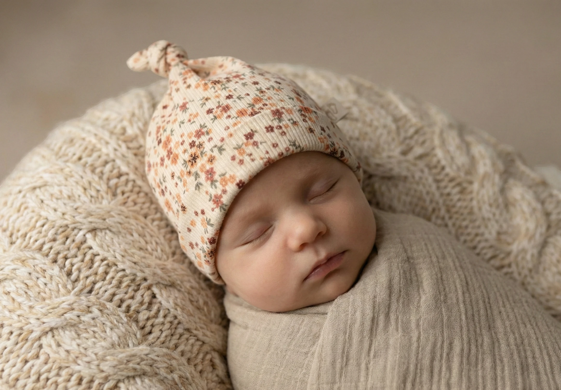 Mutsje boterbloem klei roze gedragen door newborn