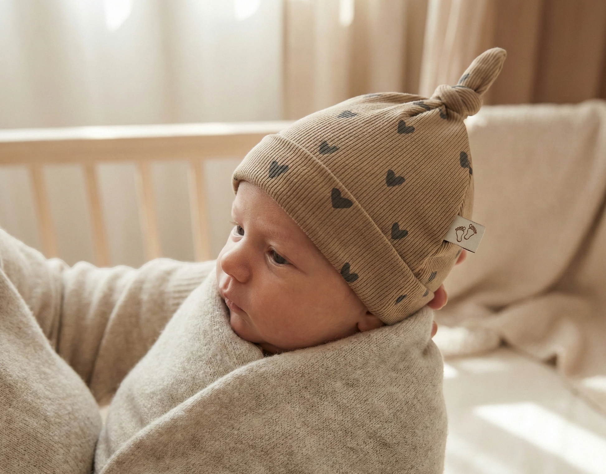 Mutsje baby Hartjes donker beige gedragen door newborn