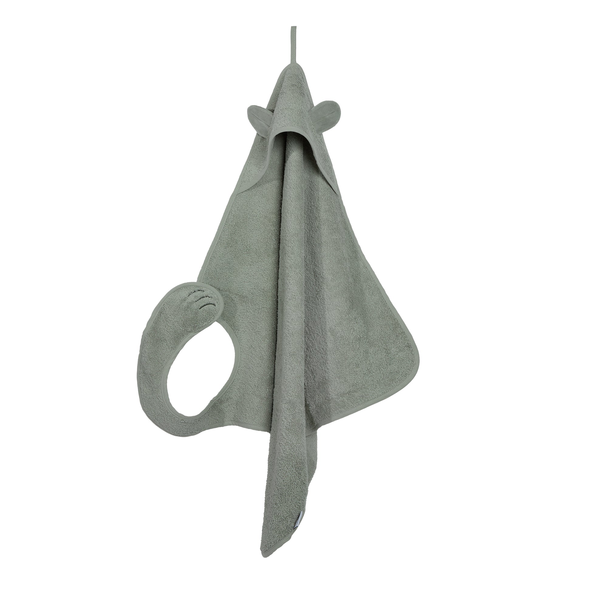 Sfeerbeeld van de Nifty Baby handsfree badcape in de kleur Olive voor de babykamer