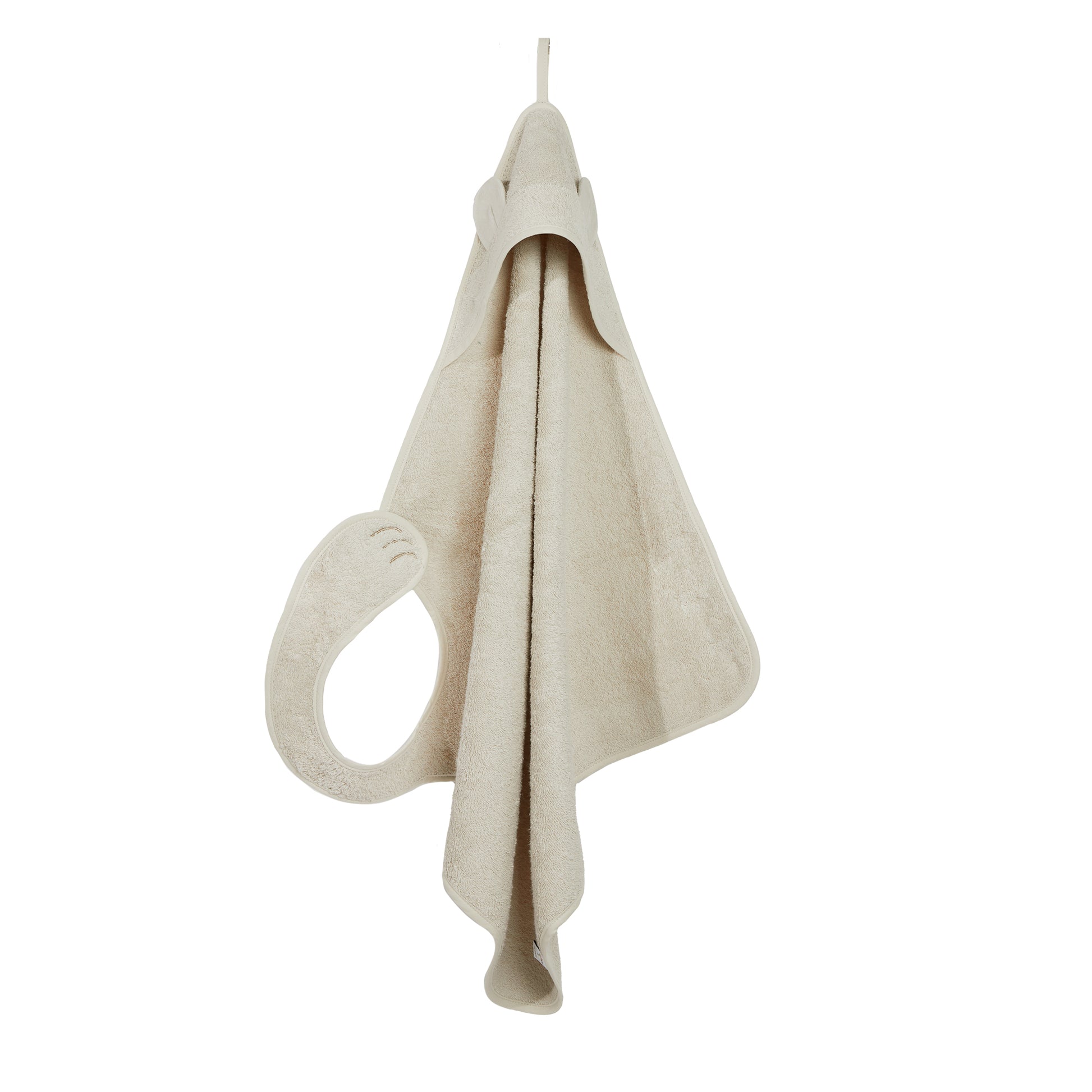 Detail van de handige ophanglus aan de Nifty Baby biologische badcape