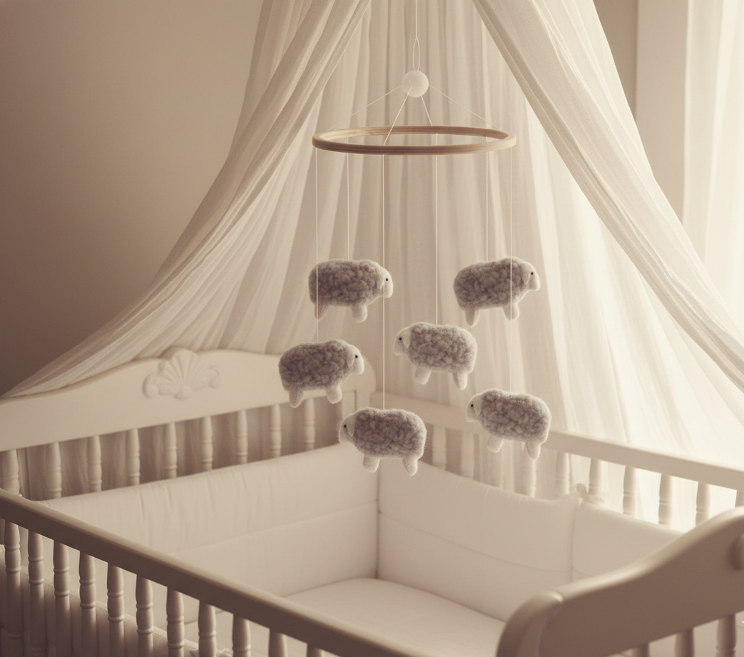 Vilten schaapjes mobiel, fair trade geproduceerd en ideaal voor een natuurlijke kinderkamer