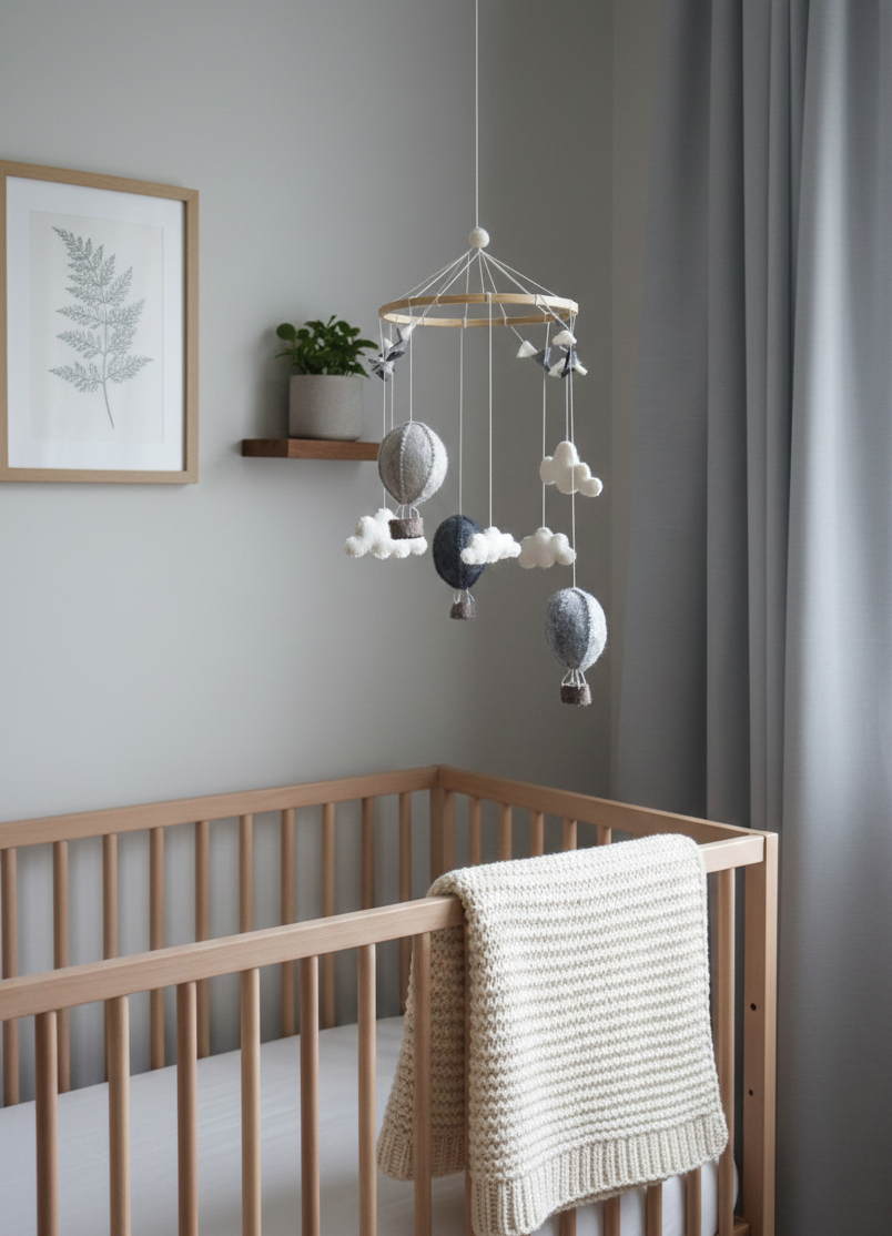 Wiegmobiel met grijze luchtballonnen van wolvilt, rustgevend en handgemaakt voor de babykamer